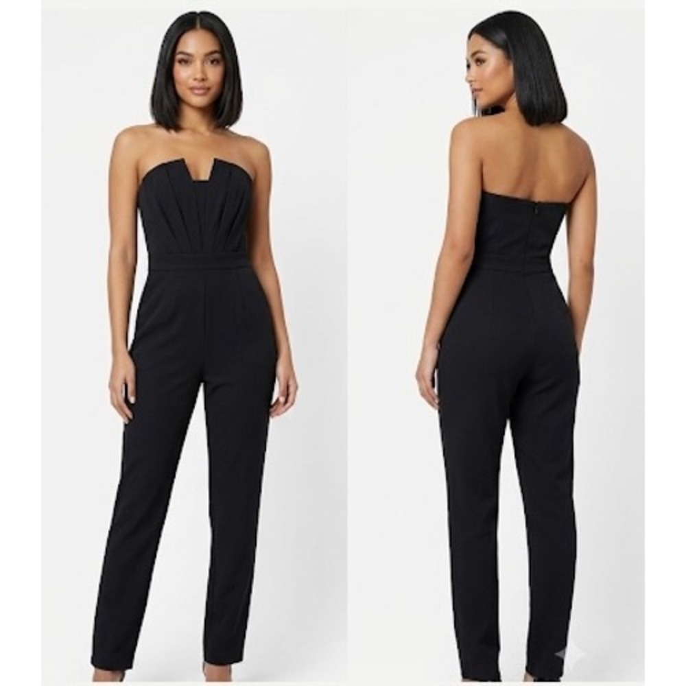 Adelyn Rae Strapless Notch Neck Pleated Jumpsuit Black Small
